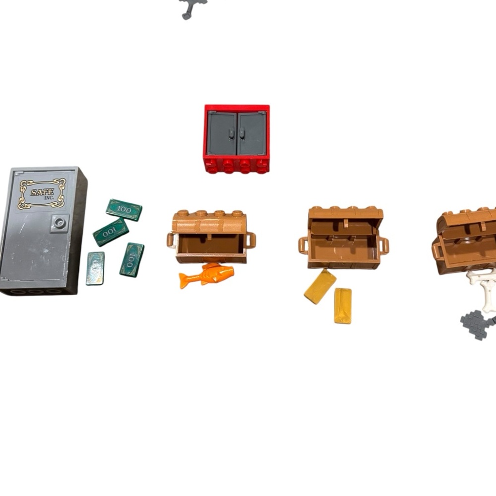 Various Lego Brand Accessories- Safe, window, Three Treasure Chests with‎ Items